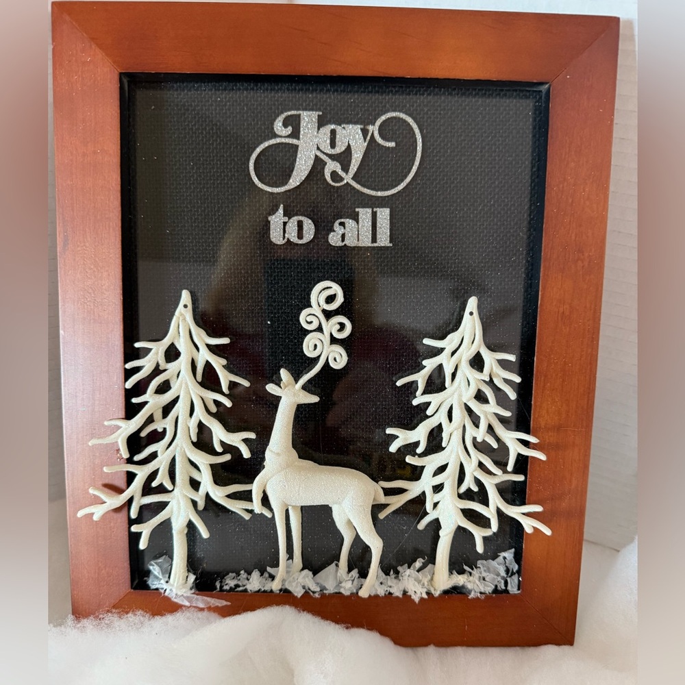 Xmas Themed Shadow Box Winter Scene Reindeer Trees "Joy to All" Black Background